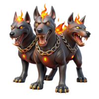 stunning vintage A three-headed Cerberus, each head a distinct breed of dog, glowing with an internal hellfire, chains of blackened iron dangling. Art style Dark fantasy genuine png