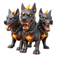 elegant contemporary A three-headed Cerberus, each head a distinct breed of dog, glowing with an internal hellfire, chains of blackened iron dangling. Art style Dark fantasy premium png