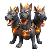 extraordinary creative A three-headed Cerberus, each head a distinct breed of dog, glowing with an internal hellfire, chains of blackened iron dangling. Art style Dark fantasy original png