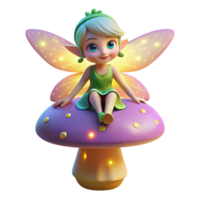 wonderful classic A whimsical pixie, wings shimmering with iridescent dust, perched on a mushroom, lit by the soft glow of fireflies. Art style Children's book illustration professional png