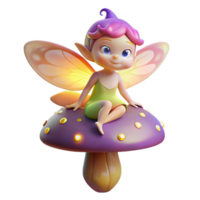 vibrant modern A whimsical pixie, wings shimmering with iridescent dust, perched on a mushroom, lit by the soft glow of fireflies. Art style Children's book illustration high quality png