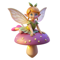 magnificent traditional A whimsical pixie, wings shimmering with iridescent dust, perched on a mushroom, lit by the soft glow of fireflies. Art style Children's book illustration 4K png