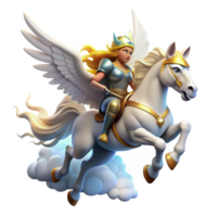 beautiful modern A proud Valkyrie, winged and armored, riding a majestic pegasus, soaring through storm clouds, illuminated by lightning. Art style Norse mythology authentic png