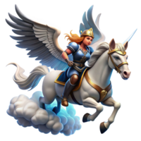 magnificent traditional A proud Valkyrie, winged and armored, riding a majestic pegasus, soaring through storm clouds, illuminated by lightning. Art style Norse mythology high resolution png