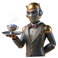 dramatic abstract A steampunk robot butler, holding a silver tray with a steaming cup of tea, in a dimly lit Victorian manor, art deco style 4K png