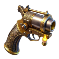 dramatic creative A close-up of a steampunk pistol, with ornate engravings and a brass barrel, illuminated by a dramatic spotlight professional png