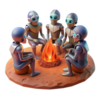 wonderful classic A group of humanoid aliens with iridescent skin and intricate bone armor gather around a holographic campfire on a barren, red planet. Warm, ethereal, fantasy art style 4K png
