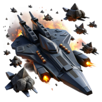 extraordinary classic A fleet of sleek, black warships engages in a fierce battle amidst a field of asteroids, explosions illuminating the darkness. Chaotic, explosive, space opera style professional png