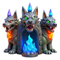 elegant abstract A three-headed Cerberus, each head emitting a different colored flame red, blue, green, guarding a gate of obsidian, dimly lit by glowing embers. Dark fantasy style genuine png