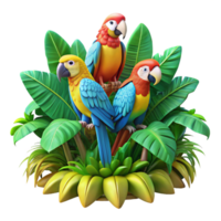 extraordinary artistic A group of colorful macaws perched on a rainforest canopy, vibrant jungle foliage, impressionist style professional png