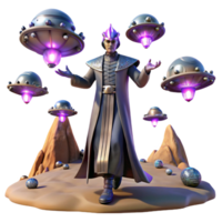 vibrant traditional A powerful psychic with glowing eyes levitating a fleet of spaceships above a crystalline desert. Surreal lighting, fantasy art style high resolution png