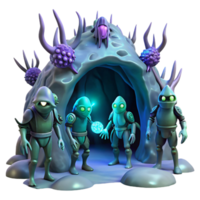 beautiful creative A group of genetically engineered creatures with bioluminescent skin exploring a dark, alien cave. Eerie lighting, fantasy style premium png