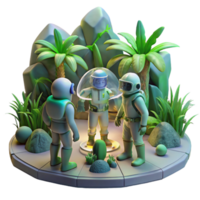 wonderful abstract A group of explorers in futuristic spacesuits discovering a hidden temple on a jungle-covered alien planet. Ambient lighting, adventure style authentic png
