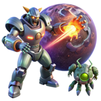 extraordinary rustic A giant robot with glowing energy cannons battling a colossal space monster in the orbit of a ringed planet. Dramatic lighting, anime style genuine png