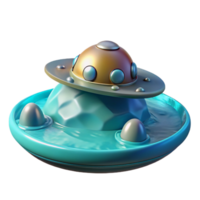 dramatic abstract A spaceship landing on a water-covered planet, creating ripples in the turquoise water. Serene, tranquil, realistic style high resolution png