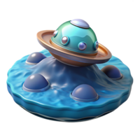 elegant classic A spaceship landing on a water-covered planet, creating ripples in the turquoise water. Serene, tranquil, realistic style premium png