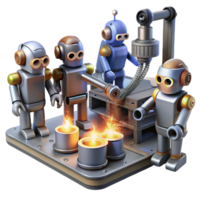 vibrant abstract A group of robots working in a futuristic factory, sparks flying from welding torches. Industrial, gritty, realistic lighting high quality png