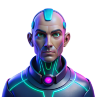 wonderful classic Portrait of a cyborg with glowing blue circuitry visible beneath synthetic skin, a stoic expression, lit by neon pink and green lights, in the style of cyberpunk genuine png