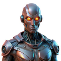 elegant rustic A cyborg with intricate mechanical augmentations and glowing eyes stares intensely at the viewer, illuminated by a flickering neon sign. Style dark, gritty realism authentic png