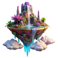 serene classic A floating island in a vibrant alien sky, covered in exotic flora and waterfalls cascading into the clouds below. Lit by a binary sunset. Style fantasy art high quality png