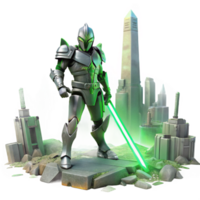 dramatic abstract A robot warrior wielding a plasma sword, standing amidst the ruins of a futuristic city, illuminated by the eerie green glow of radioactive fallout. Style dystopian art original png