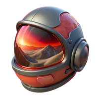 magnificent modern A futuristic helmet with a reflective visor, displaying a distorted image of a desolate alien landscape, illuminated by a harsh, red sun. Style gritty realism original png