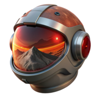 stunning artistic A futuristic helmet with a reflective visor, displaying a distorted image of a desolate alien landscape, illuminated by a harsh, red sun. Style gritty realism high resolution png