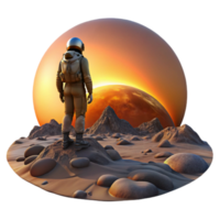 wonderful vintage A lone space explorer standing on the edge of a crater on a barren planet, gazing at a breathtaking alien sunset. Lit by the setting sun. Style digital painting exclusive png