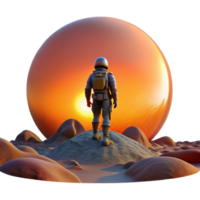impressive rustic A lone space explorer standing on the edge of a crater on a barren planet, gazing at a breathtaking alien sunset. Lit by the setting sun. Style digital painting professional png