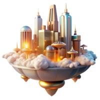 extraordinary minimalist A futuristic city floating among the clouds, with interconnected buildings and flying vehicles, illuminated by a warm, golden light. Style utopian art premium png