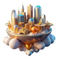 extraordinary classic A futuristic city floating among the clouds, with interconnected buildings and flying vehicles, illuminated by a warm, golden light. Style utopian art detailed png