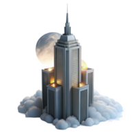 stunning minimalist Art Deco skyscraper piercing a thick layer of fog, illuminated by the soft glow of a hidden moon. Art Deco style, ethereal lighting authentic png