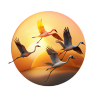 extraordinary abstract A flock of flamingos taking flight against a fiery sunset, warm golden light with silhouetted birds, minimalist art style high quality png