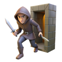 serene artistic A cunning rogue with a hidden dagger, sneaking through a shadowy alleyway. Low-poly style high resolution png