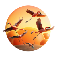 wonderful creative A flock of flamingos taking flight against a fiery sunset, warm golden light with silhouetted birds, minimalist art style exclusive png