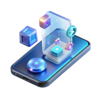 extraordinary minimalist A transparent smartphone displaying a holographic interface, futuristic icons and widgets floating above the screen, cool blue lighting, minimalist design authentic png