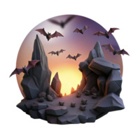 vibrant rustic A colony of bats flying out of a dark cave at dusk, silhouetted against the twilight sky, in a spooky, gothic style high quality png