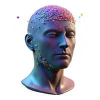sereno criativo uma humano face dissolvendo para dentro uma cascata do colorida partículas, aceso de uma estroboscópico luz efeito, falha arte estilo 4k png