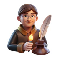 stunning modern Portrait of an imaginative writer with a quill pen and a thoughtful expression, lit by the warm glow of a desk lamp, in a literary portrait style high quality png