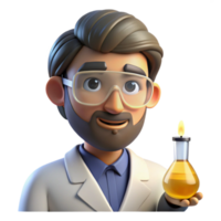 extraordinary vintage Portrait of a curious scientist with lab goggles and a beaker, lit by the glow of a Bunsen burner, in a scientific illustration style high resolution png