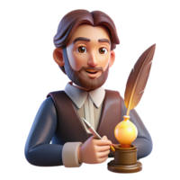 elegant creative Portrait of an imaginative writer with a quill pen and a thoughtful expression, lit by the warm glow of a desk lamp, in a literary portrait style high quality png