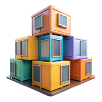 magnificent abstract Prefabricated modular housing units, stacked in a geometric arrangement, vibrant colored panels, futuristic city backdrop lighting original png