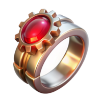 magnificent creative An elegant steampunk ring, silver band with a gear and ruby setting, lit by a soft, sparkling light high quality png