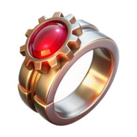 vibrant classic An elegant steampunk ring, silver band with a gear and ruby setting, lit by a soft, sparkling light original png