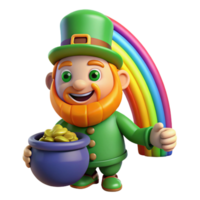 elegant minimalist A mischievous leprechaun guarding a pot of gold at the end of a rainbow, lit by the vibrant colors of the rainbow, in a cartoon style high quality png