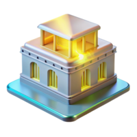 vibrant rustic A holographic projector displaying a 3D model of a building, warm yellow lighting, architectural style high quality png