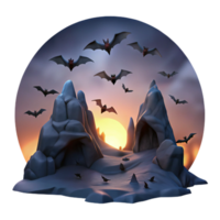 dramatic abstract A colony of bats flying out of a dark cave at dusk, silhouetted against the twilight sky, in a spooky, gothic style premium png