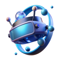 stunning contemporary A virtual reality headset floating in mid-air, emitting streams of data and light, lit by a vibrant blue light, futuristic style authentic png