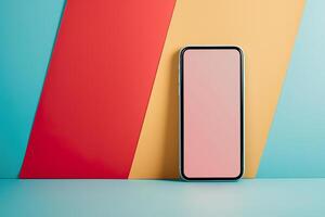 A smartphone is sitting on a colorful background photo