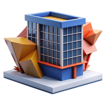 großartig klassisch Dekonstruktivist Büro Gebäude, fragmentiert Formen, eckig Flugzeuge, dynamisch Komposition, Fett gedruckt Farben Fachmann png